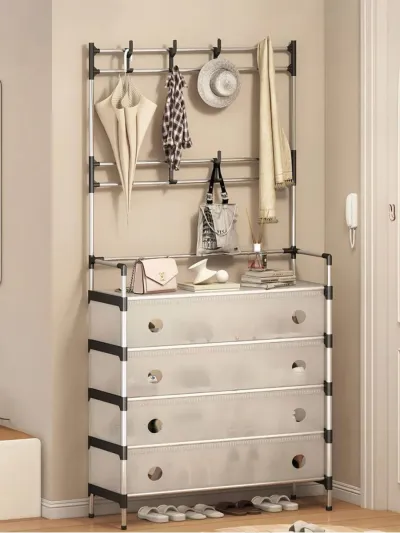 Ko‘p funktsiyali 3-in-1 kitob javoni va shkaf-organayzer – ilgichli komod, tortma va poyabzal polkasi